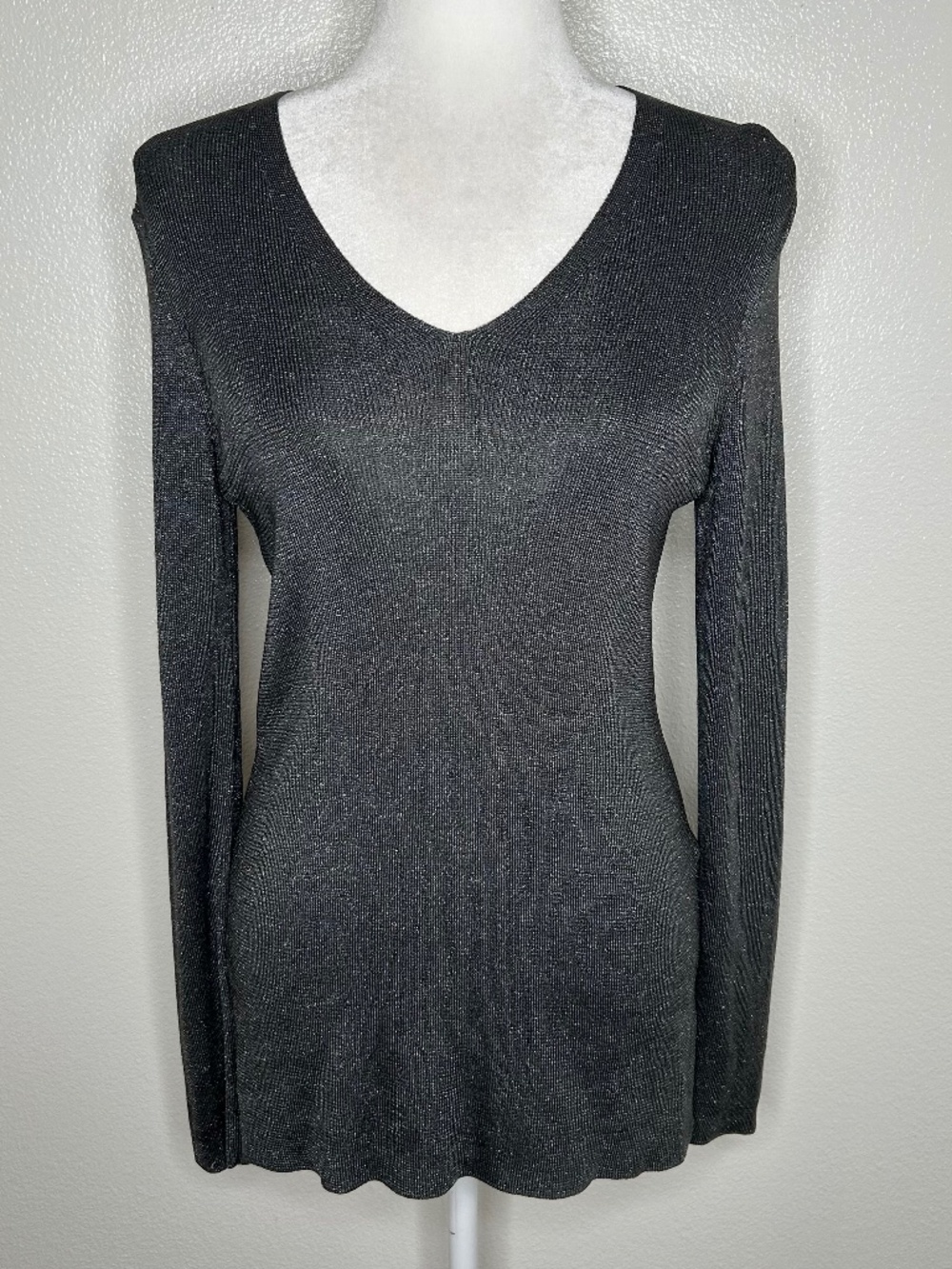 Lauren Ralph Lauren Gray Metallic V-Neck Long Sleeve Sweater Top Size M EUC